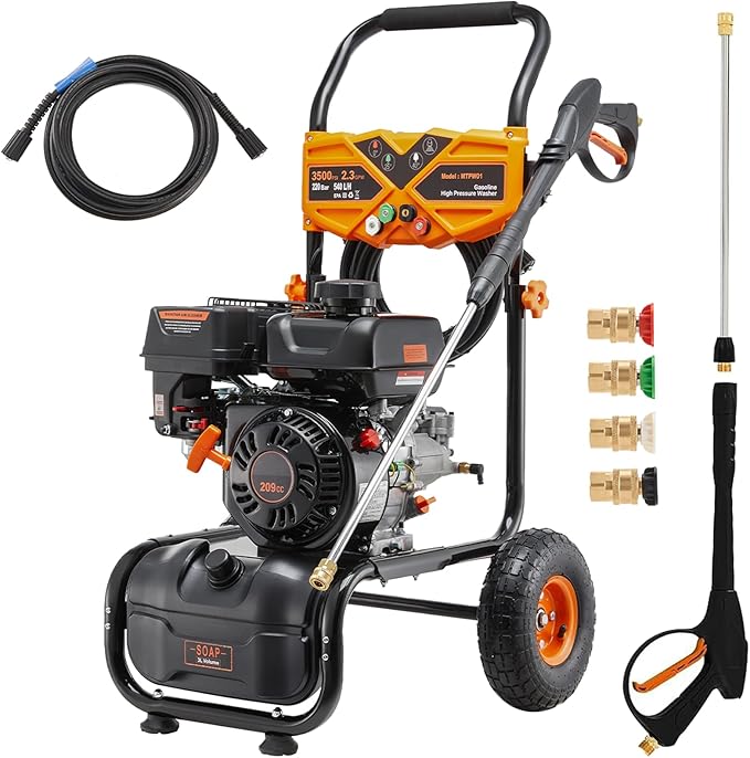 Gas Pressure Washer, 3500PSI 2.3GPM Gas Power Washer W/25FT Hose, 4 Quick-Connect Nozzles, Onboard Soap Tank, Portable Water Pressure Washers for Cars/Fences/Driveways/Homes/Patios/Furniture
