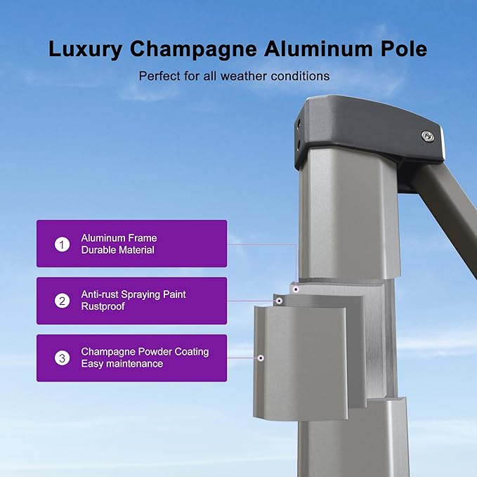 PURPLE LEAF 8’ X 8‘ Patio Umbrella Outdoor Cantilever Umbrella, Aluminum Offset Umbrella with Champagne Frame and 360° Rotation for Pool Deck Garden, Navy Blue