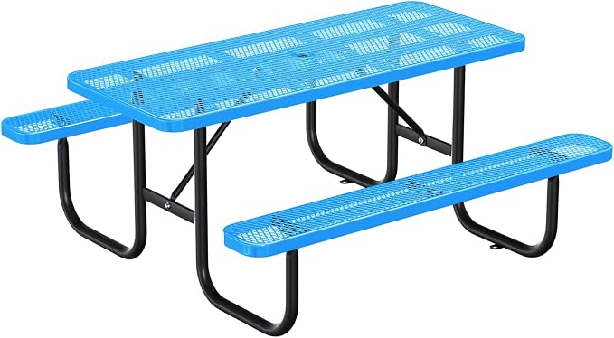 Ceridwen Heavy Duty Picnic Table with 2 Benches, Expanded Metal Steel Mesh Outdoor Patio Dining Table Bench Set with Umbrella Hole,Outdoor Patio Dining Table for Garden (Rectangular, Blue, 6FT)