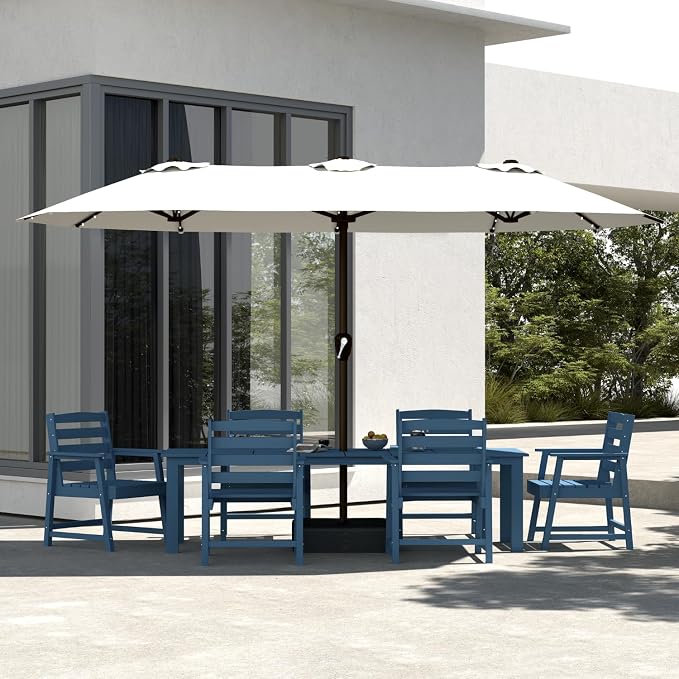 7-Piece Outdoor Dining Set with 15FT Umbrella for 6,Navy Blue | 75.2'' HDPE table, chairs included, weather-resistant furniture with hole, ideal for lawn, poolside, yard, garden, deck