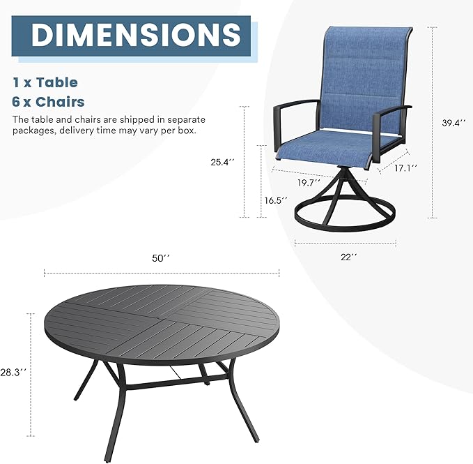 DIFY 7 Piece Outdoor Dining Set, Metal Patio Table and Chairs Set, 50" Black Round Dining Table & 6 Blue Padded Textilene Swivel Patio Chairs, Outdoor Furniture Set for Garden Backyard Porch