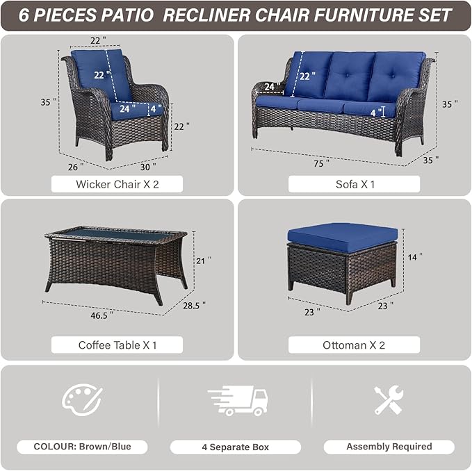 Belord Patio Wicker Sofa Set 6 Pieces Patio Furniture Set Outdoor Couch, 2 Patio Wicker Chairs with 1 Sofa, Coffee Table and Ottomans, Patio Conversation Set for Porch Garden Deck Balcony Poolside
