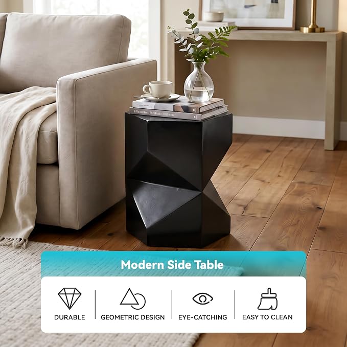 COSIEST MgO Concrete Side Table, 18 Inch Hexagonal Geometric Outdoor End Accent Table, All-Weather Patio Garden Stool, Modern Plant Stand & Coffee Table for Balcony Backyard, Black, 1 Pack
