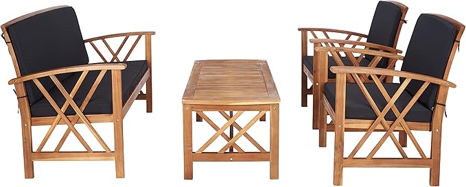 SAFAVIEH Outdoor Collection Fontana Natural/ Black Cushions 4-Piece Conversation Patio Set