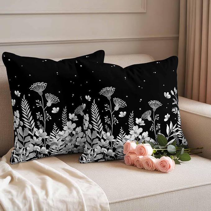 Outdoor Pillow Covers Waterproof, Vintage Floral Decorative Square Throw Pillowcases Patio Cushion Covers for Tent/Garden, 18" x 18" 2 Pack, Spring Wildflowers Country Botanical Black