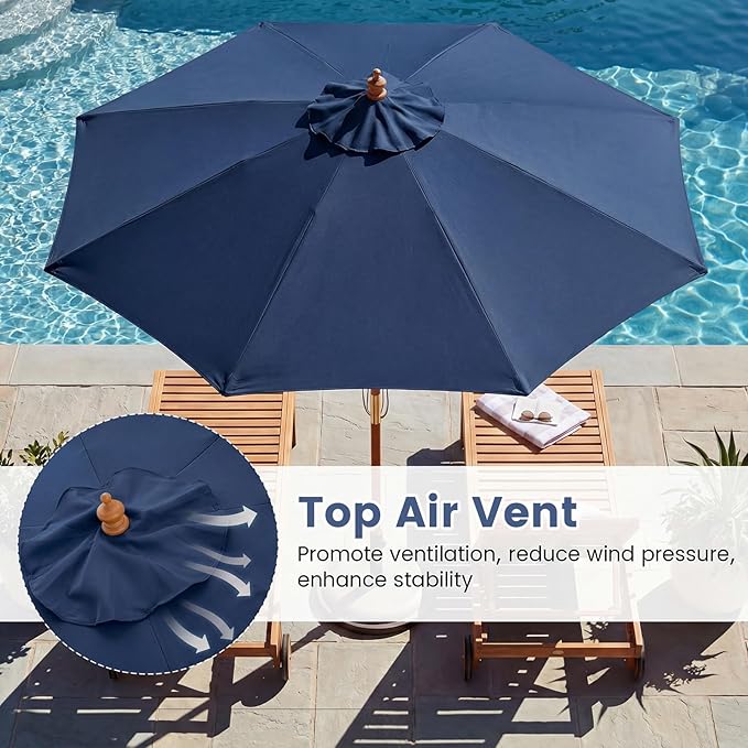 HAPPYGRILL 9 FT Patio Umbrella, Outdoor Table Market Umbrella with 8 Sturdy Bamboo Ribs, Wood Pole, Sun-Protective Double-Tier Canopy, Air Vent, Sunshade Parasol for Garden Deck Backyard Pool (Navy)