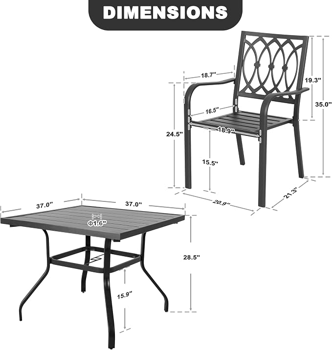 NUU GARDEN 5 Piece Outdoor Dining Set, 4 Stackable Chairs and 37 Inch Square Slatted Table with 1.6'' Umbrella Hole for All Weather Patio Furniture Set for Garden, Backyard, Poolside and Lawn, Black
