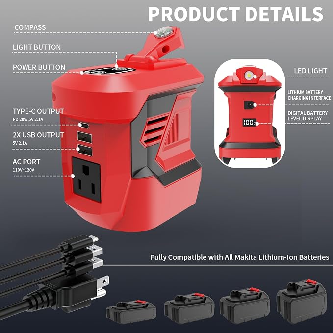 AMYBEST 300W Portable Power Inverter for Makita 20V, DC to AC 110V Outdoor Generator Battery Converter with Type-C & Dual USB, Portable Power Station with LED Light