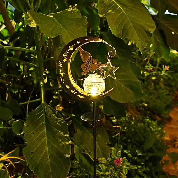 Garden Decorations Solar Light Outdoor-Moon Elf Lights with Crackle Glass Globe, Decoration for Pathway Lawn Patio Courtyard Backyard.(Moon Elf)