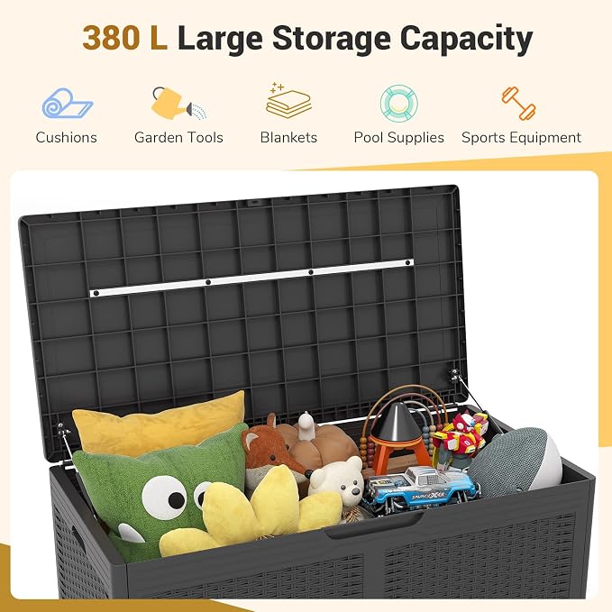 TANGZON 380L Outdoor Deck Box, Waterproof Patio Storage Container with Wheels, Lockable Lid & Side Handles, Large Resin Storage Box For Pillows Cushions Tools (Grey)