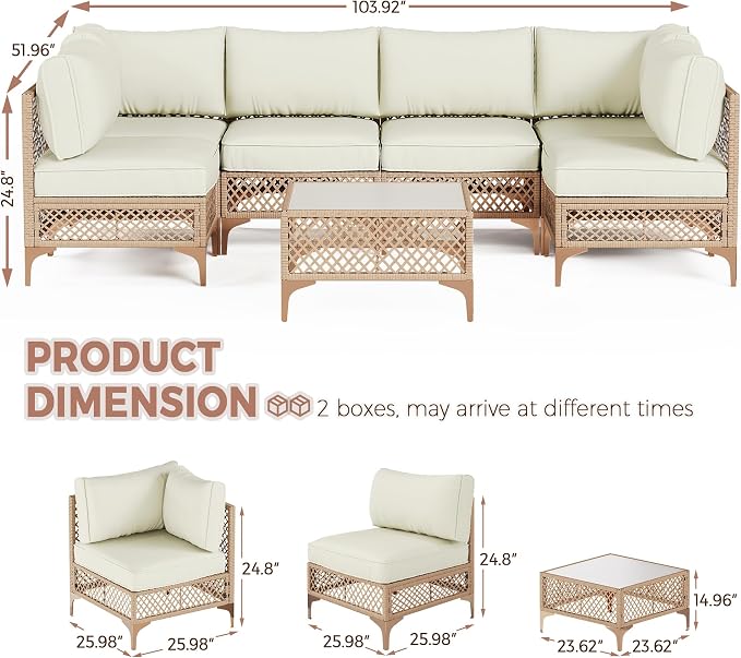 7-Piece Generous Patio Furniture Set, Wicker Outdoor Sectional Set with Large Tempered Glass Coffee Table, Boho Patio Conversation Couch Set with Thickened and Enlarged Cushion and Throw Cushion