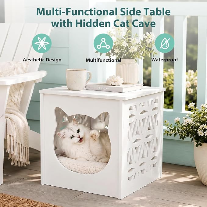 VINGLI Outdoor Side Table with Cat House and LED Light, 15.6" Resin Waterproof Square Side Table End Table for Patio Garden Balcony Porch (White)