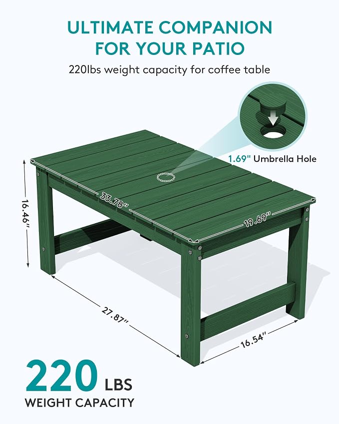 SERWALL Outdoor Coffee Table with 1.69" Umbrella Hole, HDPE Patio Coffee Table for Outside, Rectangle, Green