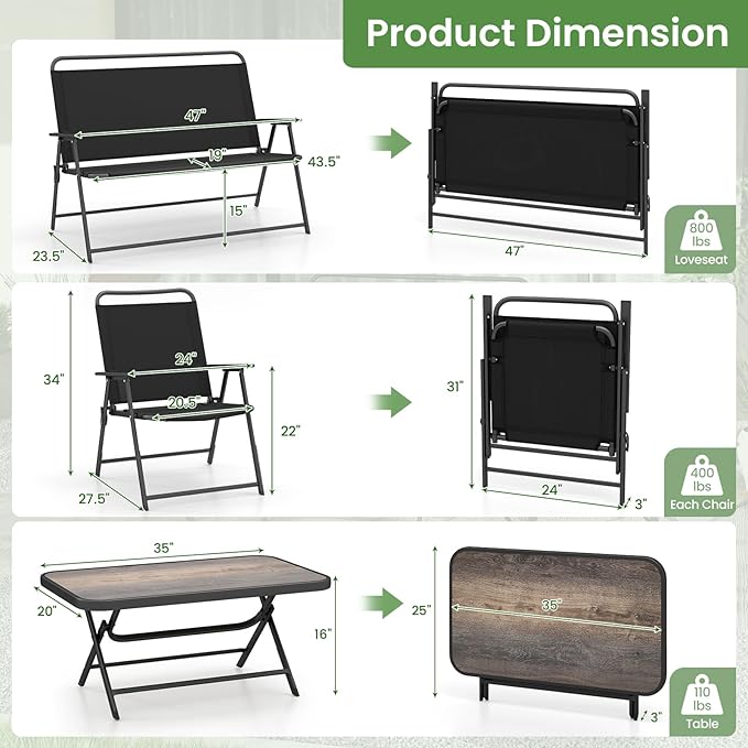 Tangkula 4 Piece Folding Patio Furniture Set, Metal Chair & Table Set with Breathable Fabric Seat, Outdoor Sectional Conversation Set with 2 Patio Chairs, Loveseat, Coffee Table for Yard Porch Deck