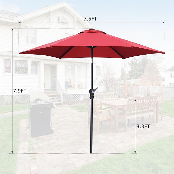 7.5FT Patio Umbrella, Outdoor Table Umbrella, Market Umbrella with Push Button Tilt and Crank for Garden, Lawn, Deck, Backyard & Pool