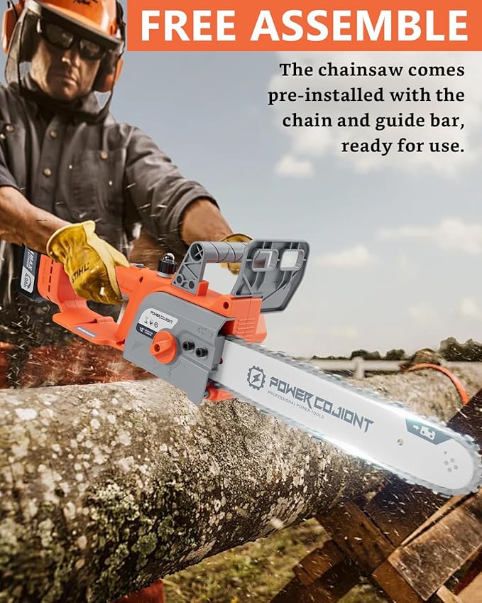 Cordless 12 Inch Chainsaw Brushless for 20V Batteries Powered 2 × 4.0Ah Electric Chainsaw 1100W Ideal for Wood Cutting, Free Assemble 45 Ft/s High-Efficiency (Orange)