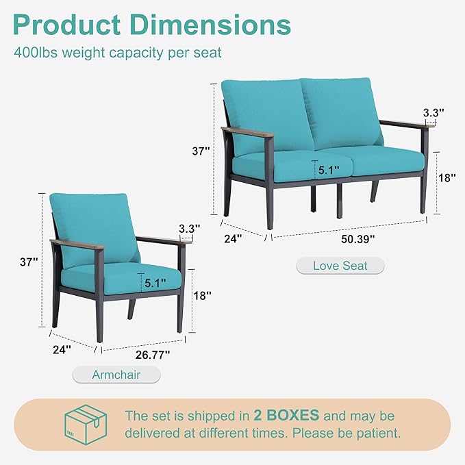 4-Seat Outdoor Patio Furniture Set Aluminum Sectional Sofa Set, Patio Conversation Set with High Backrest & Thickened Cushions for Garden, Backyard, Poolside, Turquoise