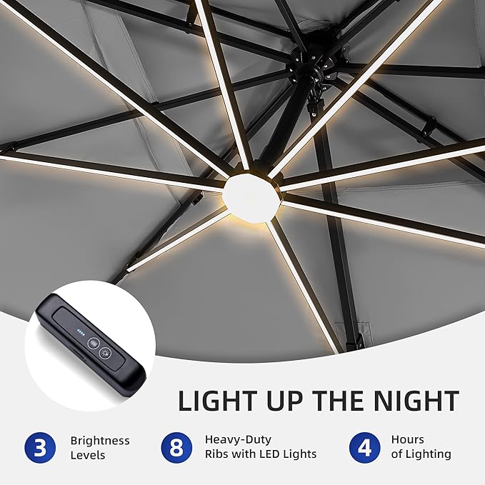 10 X 13 FT Cantilever Patio Umbrella with Led Lights Heavy Duty Windproof Double Top Large Rectangle Offset Umbrellas with 360-degree Rotation for Garden Pool Deck Backyard, Foggy Grey