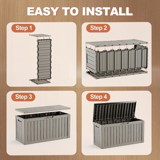 EFU Outdoor Storage Box 140 Gallon Deck Box (Indoor & Outdoor) Lockable UV Resistance Waterproof Resin Storage Bin Storage Box for Outdoor,Patio Storage With Support Rod(Taupe)