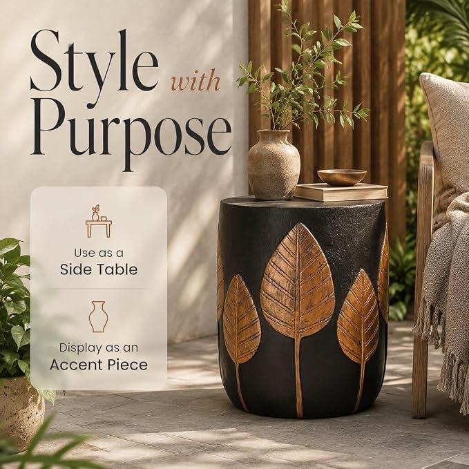 IRONORA Leaf Carved Outdoor Side Table, Black & Copper Round Accent Table, Weather Resistant Patio End Table, 15.3" x 18.5" Decorative Stool Table for Garden, Balcony, Living Room