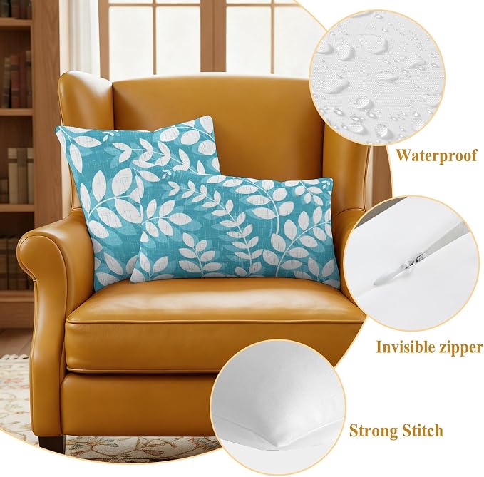 Teal Cyan Leaves Outdoor Waterproof Throw Pillow Covers 16x16 Set of 2, Farmhouse Botanical Branch Vintage Boho Leaf Decorative Pillowcases Cushion Pillowcase for Couch Sofa Patio Pillow Protector
