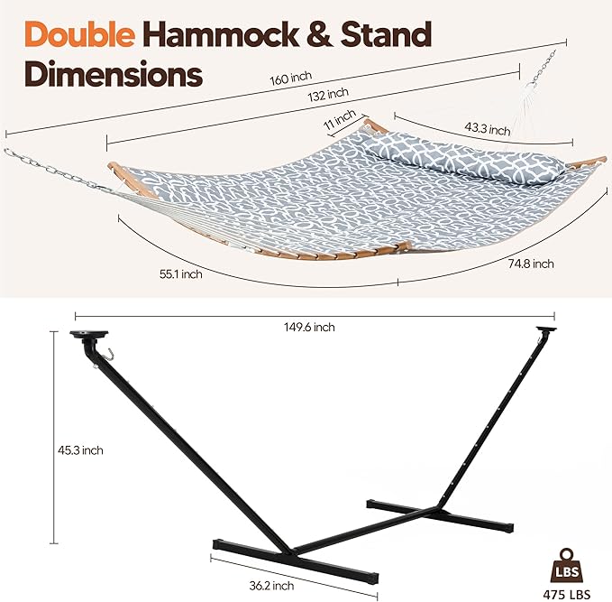 SUNCREAT Double Outdoor Hammock with 12 ft Stand, Solar Powered Lights, 2 Person Hammocks for Outside, Grey