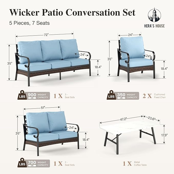 HERA'S HOUSE 5 Piece Metal Patio Furniture Set, 7 Seats All Weather Outdoor Conversation Set, 3 Seat Sofa with Loveseat, 2 Fixed Chairs, Coffee Table for Backyard, Garden, Deck, Blue