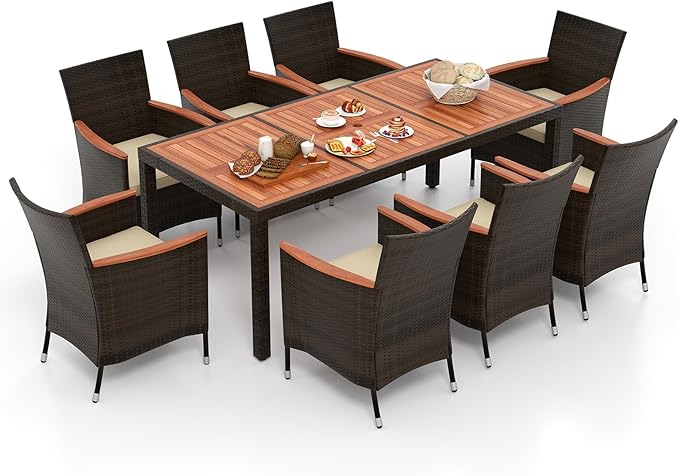 S AFSTAR Patio Dining Set for 8 with Umbrella Hole, 75” x 36” Acacia Wooden Table & PE Rattan Chairs for Deck, Backyard