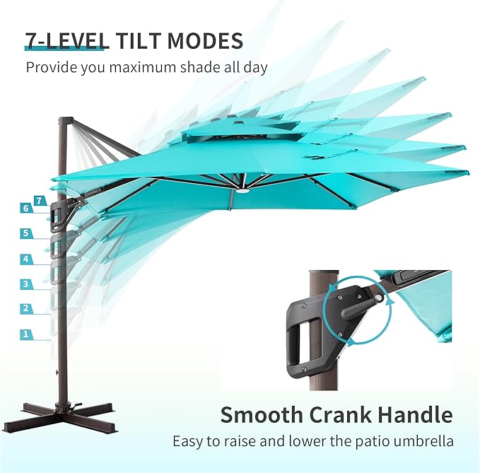JZAC & QZYD 9x12 FT Outdoor Cantilever Patio Umbrella with LED Lights, Large Heavy Duty 2-Tier Aluminum Offset Umbrellas with 360-Degree Rotation for Pool Deck, Turquoise