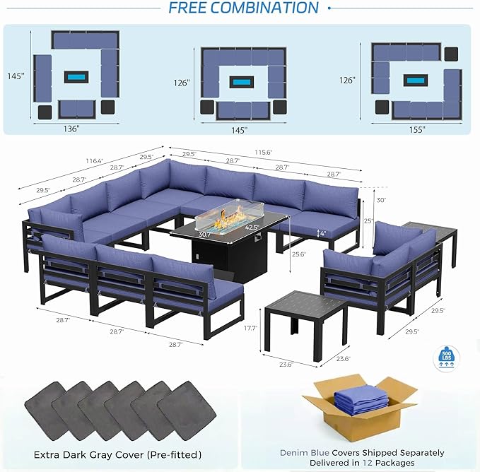 NICESOUL 15 Piece Contemporary Aluminum Outdoor Furniture Set, Extra Large Couch Set with Fire Pit Table, 500 lbs High Weight Capacity, Modular Patio Sectional Sofa with End Table for Deck, Denim Blue