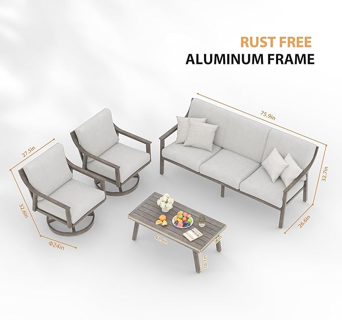 HAPPATIO 4-Piece Outdoor Patio Furniture Set for 5, Aluminum Outdoor Conversation Set Includes 1 Three-Seater Sofa, 2 Swivel Chairs, and 1 Coffee Table, Perfect for Porch, Deck, Garden, (Grey)