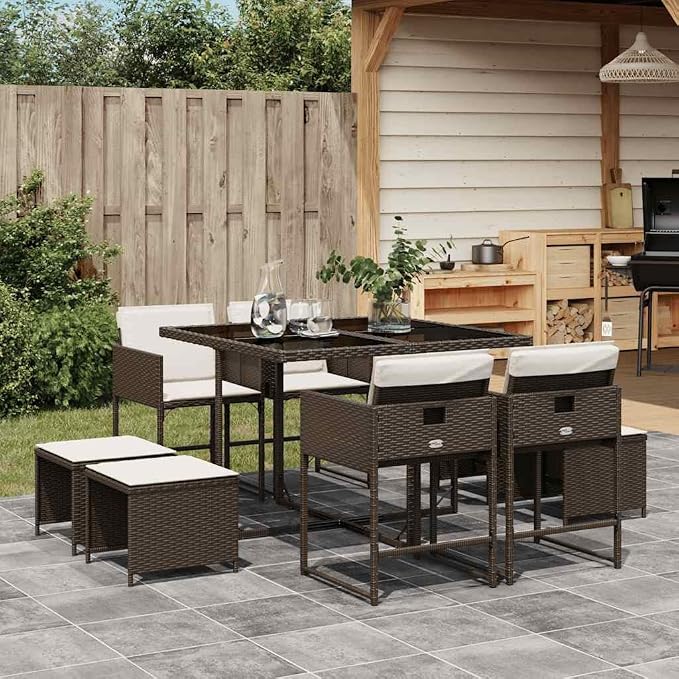 8-Piece Garden Dining Set, Patio Furniture with Chairs and Stools, Weather-Resistant Poly Rattan Outdoor Seating with Cushions for Backyard, Terrace, Brown