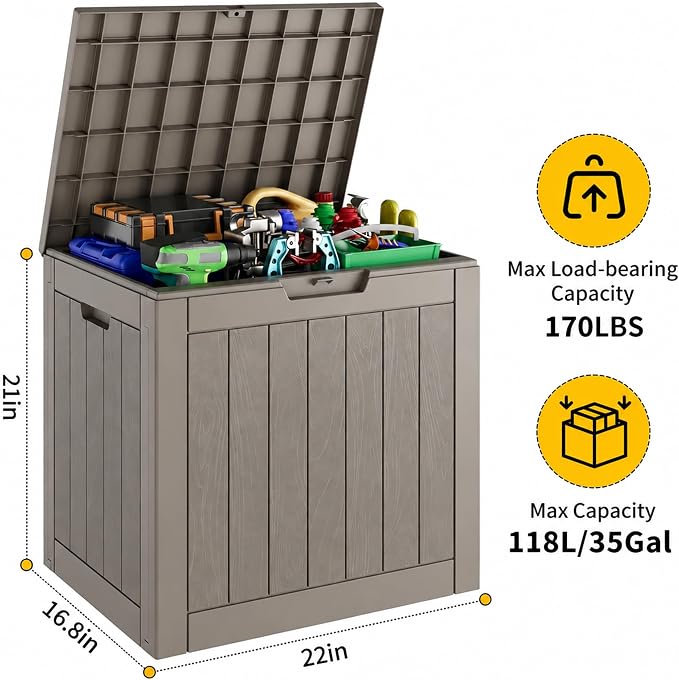 35 Gallon Outdoor Storage Box, Waterproof Resin Deck Box with Lockable Lid – Storage Cabinet for Patio Furniture, Pool Supplies, Garden Tools – Indoor & Outdoor Use