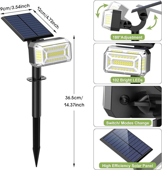 WENATY 102 LED Solar Spot Lights Outdoor Waterproof IP65, Adjustable Landscape Spotlights, [8 Pack/4 Modes] Auto On/Off Solar Powered Flood Lights for Outside Yard Garden Wall Pathway (Cool White)