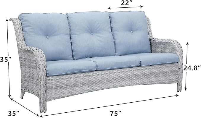 Rilyson Outdoor Couch Wicker Patio Sofa - 3 Seat Rattan Sofa with Deep Seating and Comfortable Cushions for Porch Deck Balcony Garden(Light Grey/Sky Blue)