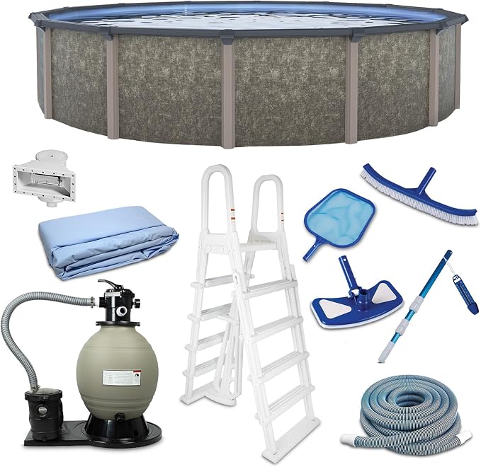 Blue Wave Riviera 24-ft Round 54-in Deep Hard Sided Above Ground Pool with Resin Top Seats, Steel Verticals, Dual-Speed Sand Filter System, Ladder, Liner, Skimmer & Maintenance Kit – 13,500 Gal Cap
