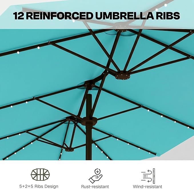 15ft Large Patio Umbrella with Solar Lights and Base, Double-Sided Outdoor Rectangle Umbrella with 48 LED Lights, Market Table Umbrellas with UV Resistant Canopy