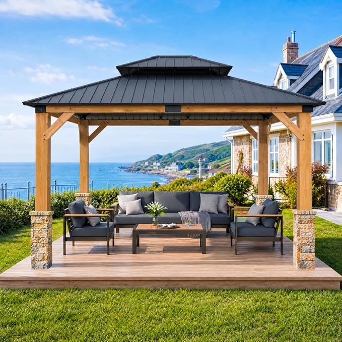 [4-Pack] Faux Stone Column Wrap, 27.2" Height Stackable Post Sleeves, Realistic Natural Rock Texture Decorative Pillar Covers for Gazebo, Porch and Patio, Easy DIY Interlocking Installation.