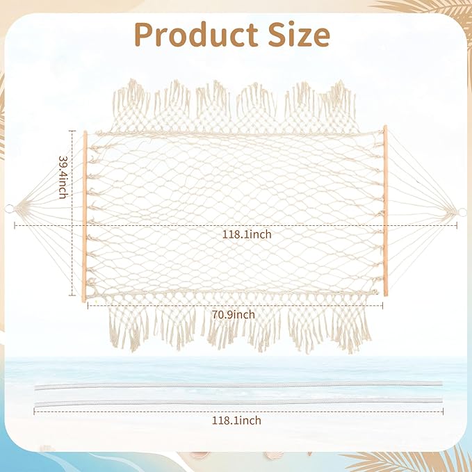 Hand Woven Cotton Rope Hammock with Spreader Bar & Fringes, 10 ft Double Hammock for Patio Garden Yard Porch Camping Beach Indoor Outdoor Hanging Include Rope Straps, 2 Person, 450lb Capacity
