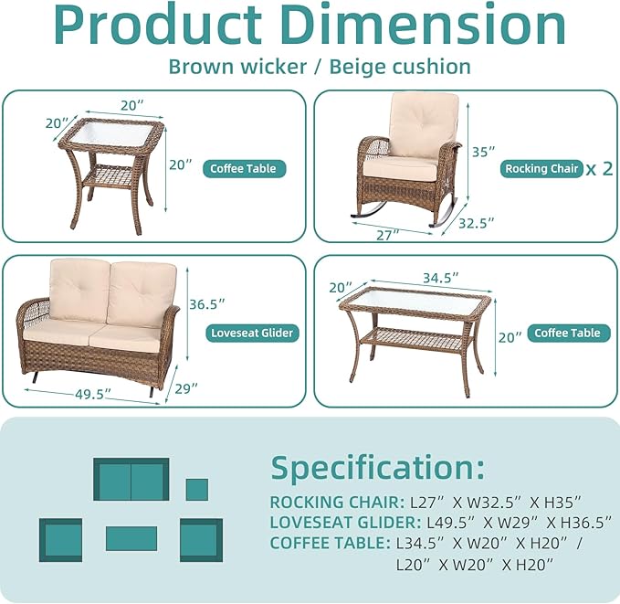 MEETWARM 5-Piece Outdoor Wicker Patio Conversation Set With Glider Loveseat, 2 Chairs, 2 Glass-Top Coffee Tables, Thickened Cushions - Beige