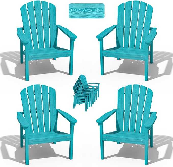 nevilywood Compact Stackable Adirondack Chairs Set of 4,HDPE,380lbs,Aruba | 26.3" Wide HDPE.All-Weather Outdoor.Maintenance-Free.Stackable for Storage.25°Curved Straight Backrest.Quick Assembly