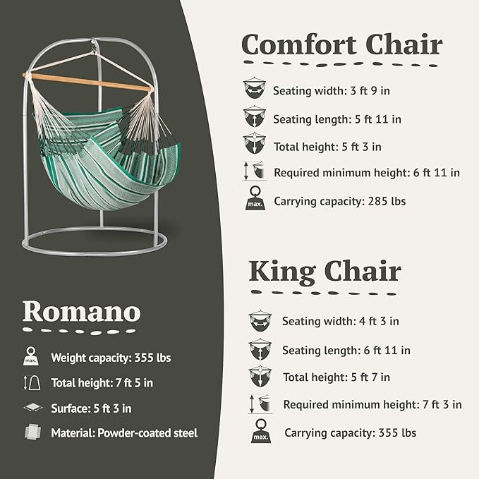 LA SIESTA - XL King Habana Cotton Hammock & Romano Steel Stand - Indoor/Outdoor Hanging Chair Swing for Bedroom, Porch, Balcony - Boho Hanging Chair - Agave