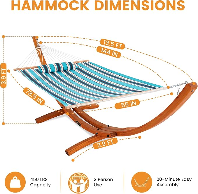 Lazy Daze Hammocks Sunbrella Fabric Hammock with 13FT Wood Arc Stand, 2 Person Outdoor Hammock Combo with Free Pillow, All Weather & Fade Resistant, for Patio Yard, 450 lbs Capacity, Token Surfside