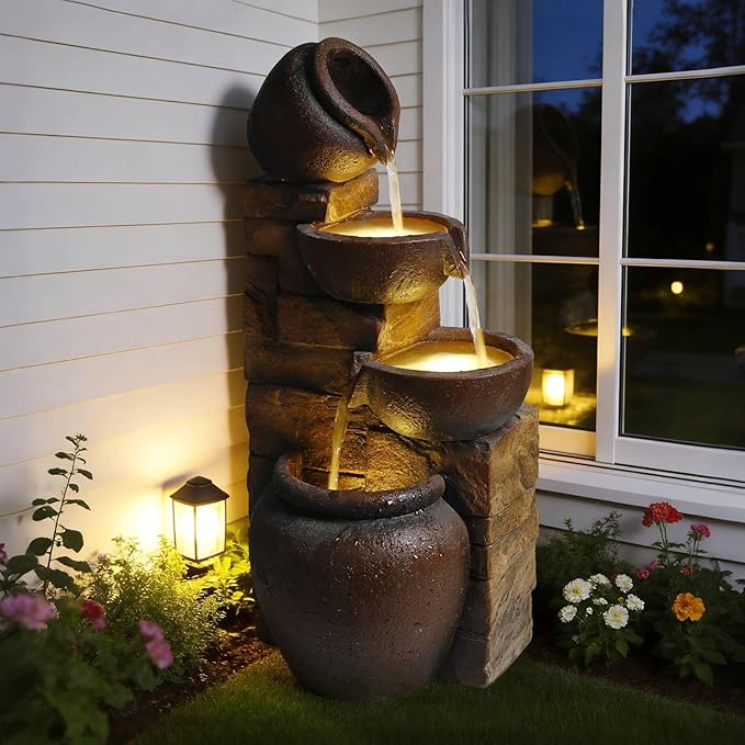 Outdoor Water Fountain with LED Lights, 4 Tier Cascading Pot Waterfall, 25.6" Rustic Jug Fountain with Pump for Garden, Patio, Yard, Porch, Backyard Decor, Brown
