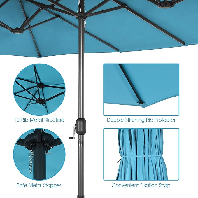 Tangkula 15FT Double-Sided Patio Umbrella, Outdoor Ultra-Large Twin Market Garden Umbrella W/Hand-Crank & Enhanced Base, for Residential & Commercial Use (Turquoise)
