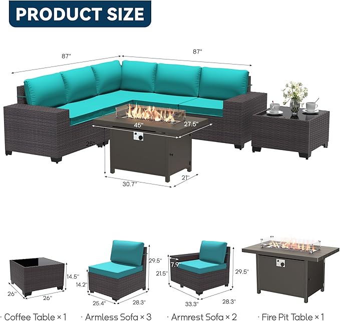 Patio Furniture Set 7 Pieces Outdoor Furniture Patio Conversation Set w/43in Aluminum Gas Fire Pit,PE Rattan Wicker 7 Pcs Outdoor Sofa Set w/55000 BTU Propane Fire Pit Table,Blue