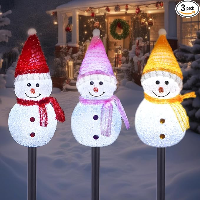 Solar Christmas Pathway Lights Outdoor Decorations, Set of 3 LED Snowman Stake Lights, Waterproof Walkway Landscape Light for Yard, Garden, Winter Decor (Red/Pink/Yellow Snowman, 3-Pack)