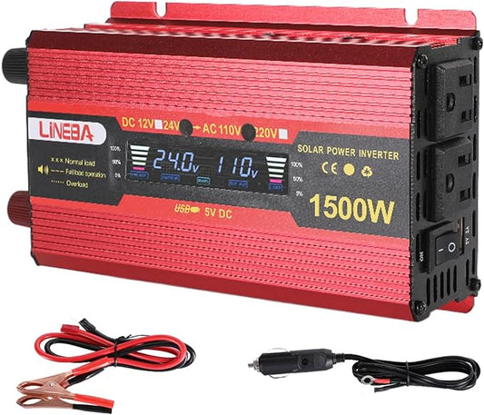 1500 Watt Power Inverter with LED Display,Dual AC Outlets,USB Port, 24V DC to 110V AC Converter Car Power Inverter for Vehicles, Car, RV, Truck, Off Grid Solar System, Outdoor Camping