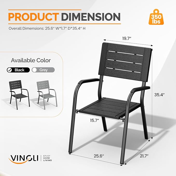 VINGLI Outdoor Patio Dining Chairs, Stackable HDPE All-Weather Arm Chairs, Weatherproof Outdoor Seating for Garden, Backyard, Poolside, Balcony,Black (2 Pack)