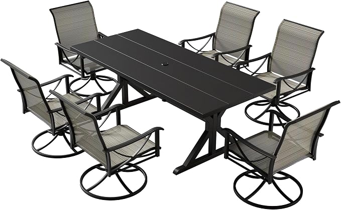 Kurapika 7-Piece Patio Dining Set, Outdoor Cross-Legged Large-Top Table with Umbrella Hole and 6 Swivel/Rocking Chairs, Patio Furniture Set for Garden, Deck, Brown